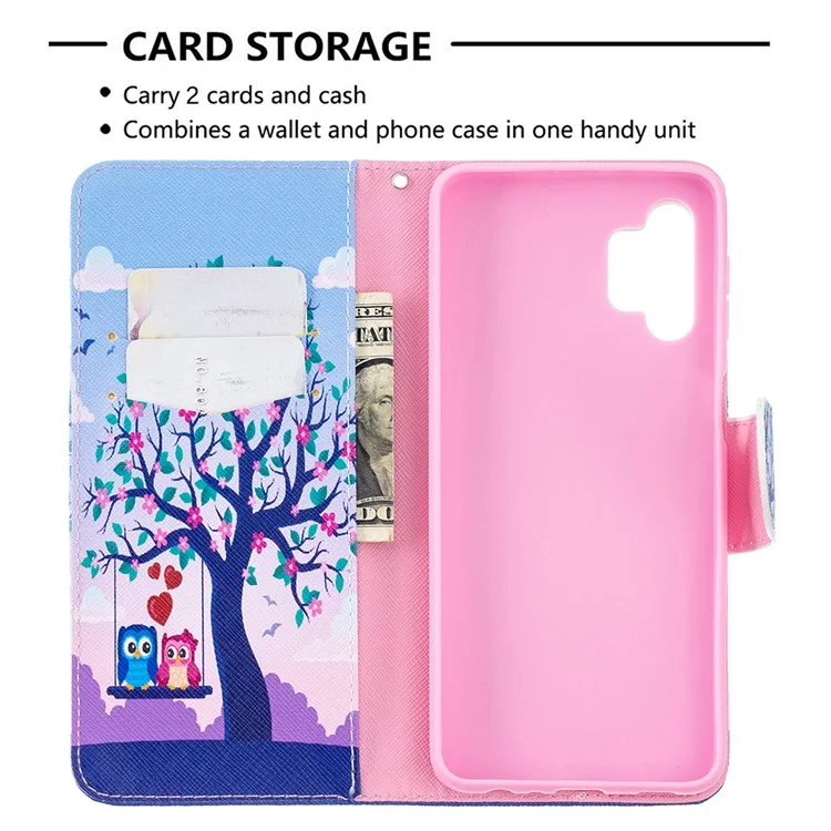 Muster-Druckwandhalter-Flip-Ledertelefonhülle für Samsung Galaxy A32 5G / M32 5G - Paar Eulen und Baum