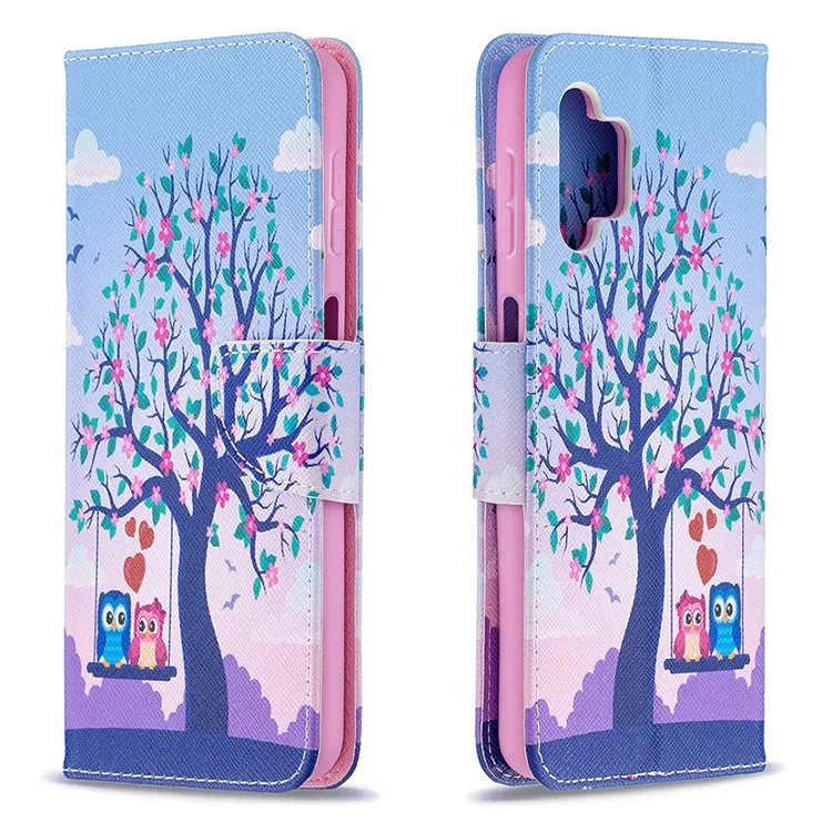 Muster-Druckwandhalter-Flip-Ledertelefonhülle für Samsung Galaxy A32 5G / M32 5G - Paar Eulen und Baum
