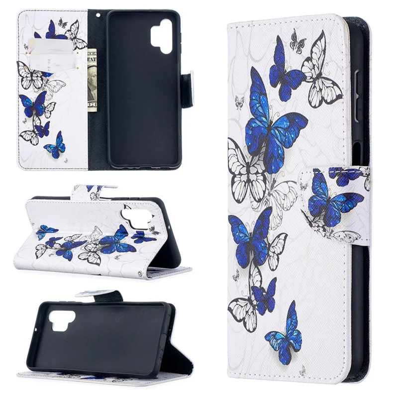 Pattern Printing Wallet Stand Flip Leather Phone Cover for Samsung Galaxy A32 5G / M32 5G - Blue Butterflies