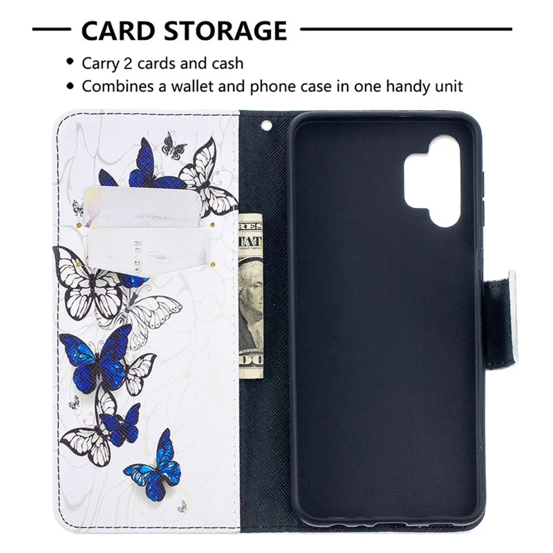 Pattern Printing Wallet Stand Flip Leather Phone Cover for Samsung Galaxy A32 5G / M32 5G - Blue Butterflies