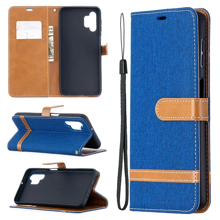 Case for Samsung Galaxy A32 5G / M32 5G Color Splicing Jeans Cloth Surface Wallet Leather Phone Cover - Baby Blue