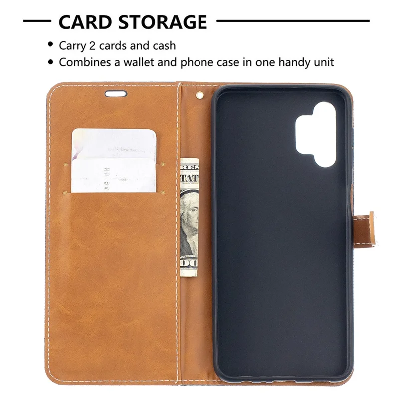 Case for Samsung Galaxy A32 5G / M32 5G Color Splicing Jeans Cloth Surface Wallet Leather Phone Cover - Dark Blue