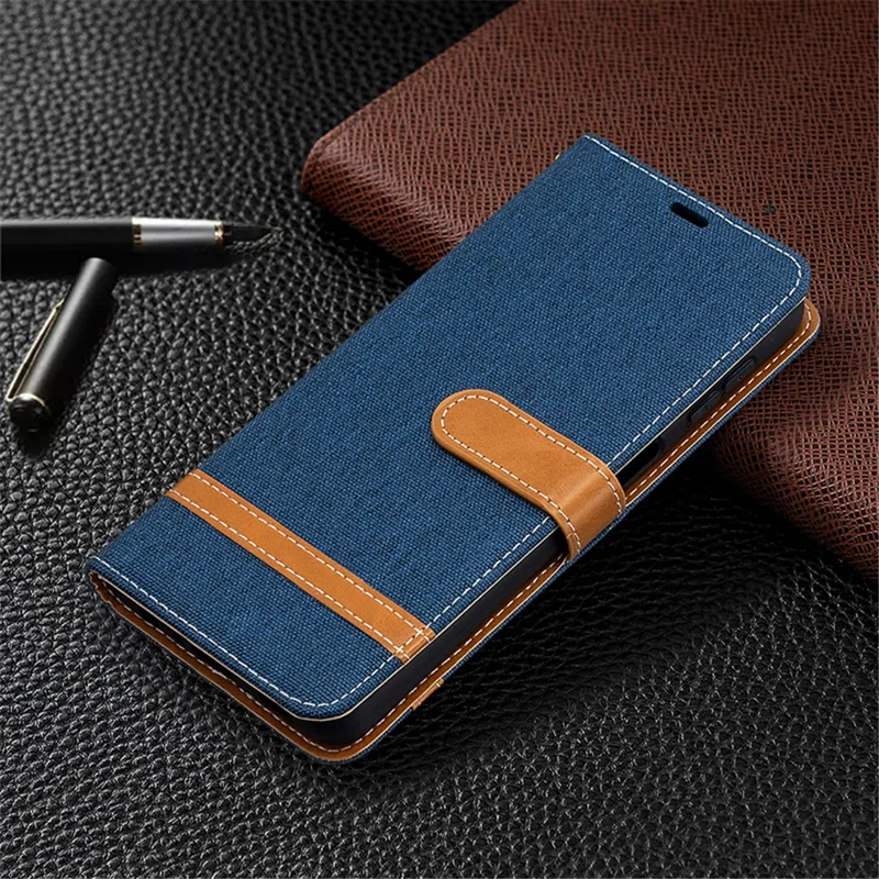 Case for Samsung Galaxy A32 5G / M32 5G Color Splicing Jeans Cloth Surface Wallet Leather Phone Cover - Dark Blue