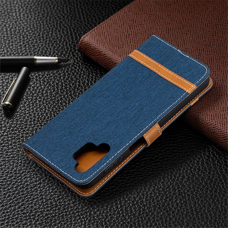 Case for Samsung Galaxy A32 5G / M32 5G Color Splicing Jeans Cloth Surface Wallet Leather Phone Cover - Dark Blue