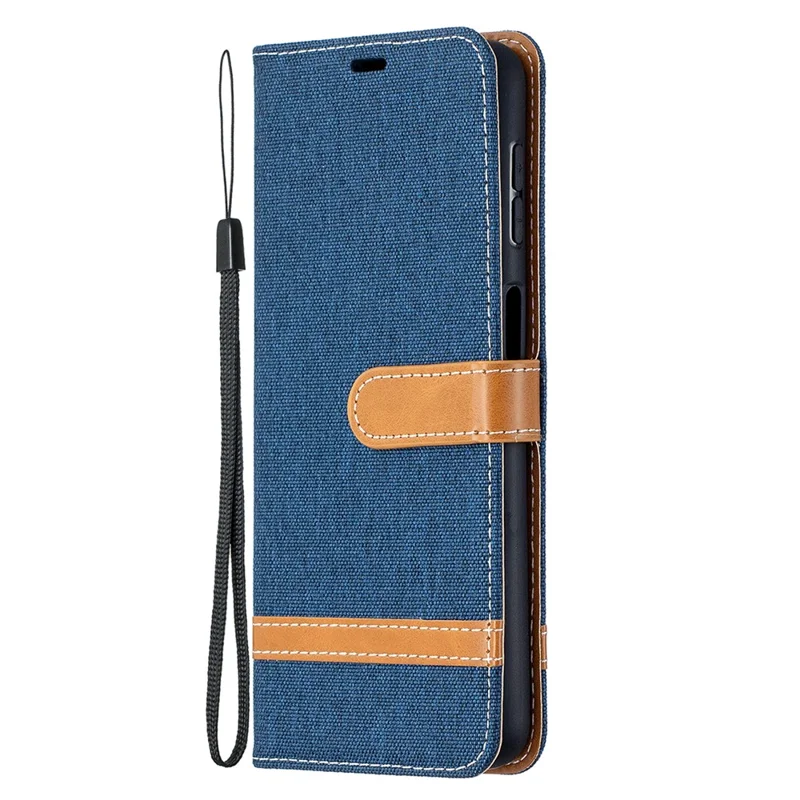 Case for Samsung Galaxy A32 5G / M32 5G Color Splicing Jeans Cloth Surface Wallet Leather Phone Cover - Dark Blue