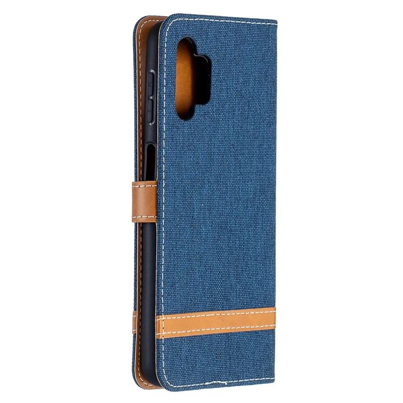 Case for Samsung Galaxy A32 5G / M32 5G Color Splicing Jeans Cloth Surface Wallet Leather Phone Cover - Dark Blue
