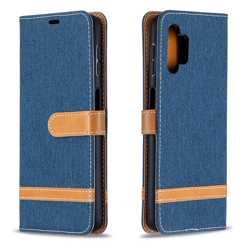 Case for Samsung Galaxy A32 5G / M32 5G Color Splicing Jeans Cloth Surface Wallet Leather Phone Cover - Dark Blue