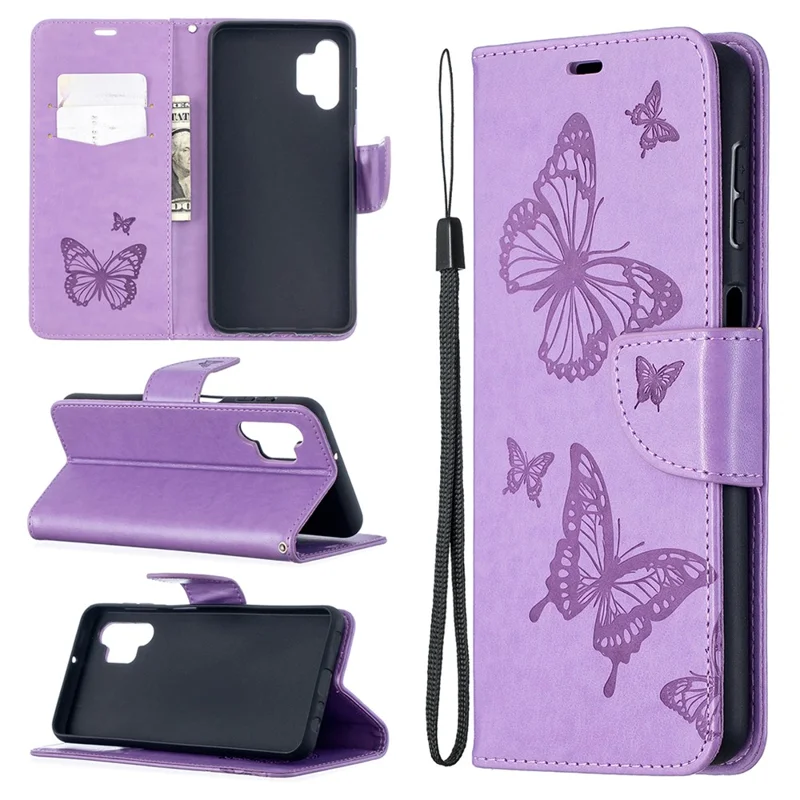 For Samsung Galaxy A32 5G / M32 5G Imprint Butterflies Wallet Stand Flip Leather Phone Shell - Purple
