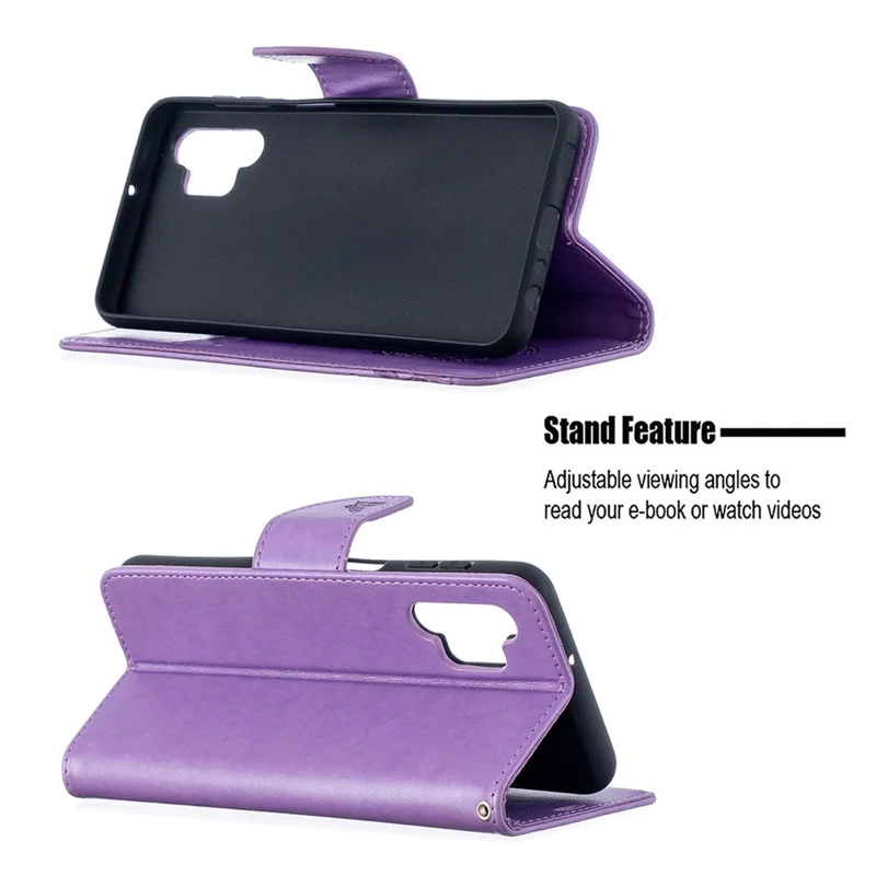 For Samsung Galaxy A32 5G / M32 5G Imprint Butterflies Wallet Stand Flip Leather Phone Shell - Purple