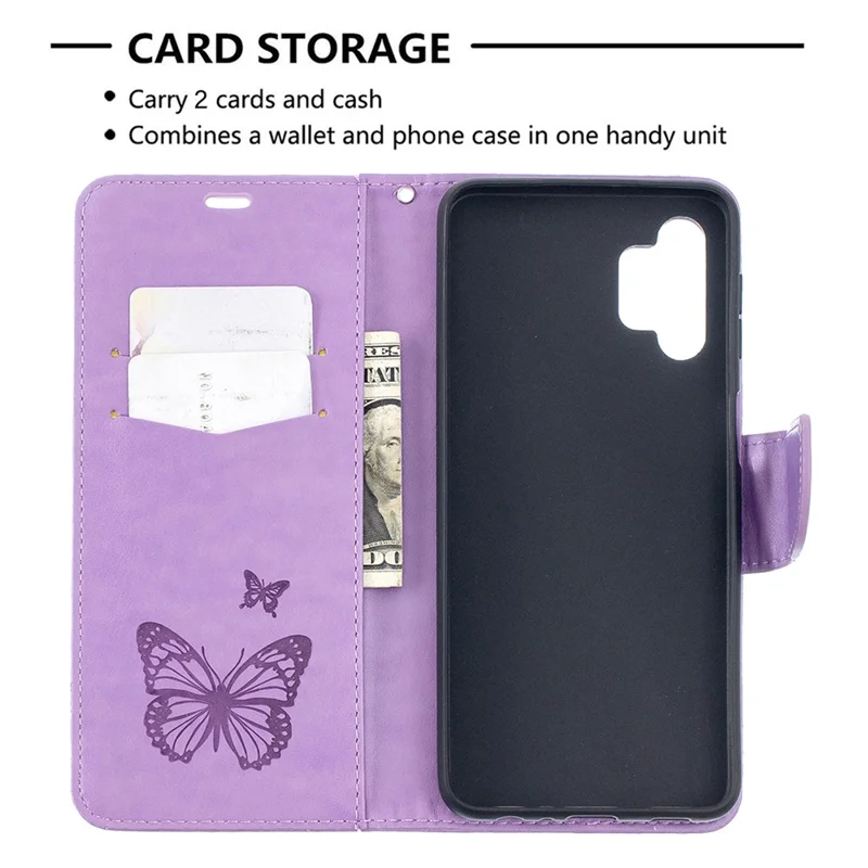 For Samsung Galaxy A32 5G / M32 5G Imprint Butterflies Wallet Stand Flip Leather Phone Shell - Purple