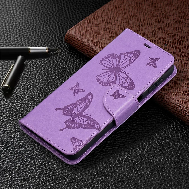 For Samsung Galaxy A32 5G / M32 5G Imprint Butterflies Wallet Stand Flip Leather Phone Shell - Purple