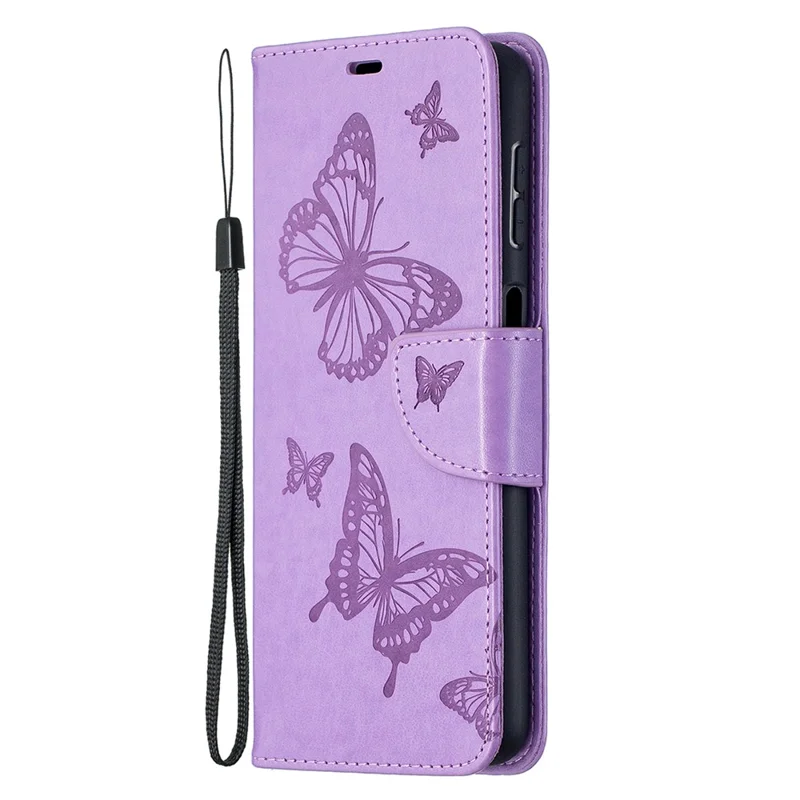 For Samsung Galaxy A32 5G / M32 5G Imprint Butterflies Wallet Stand Flip Leather Phone Shell - Purple