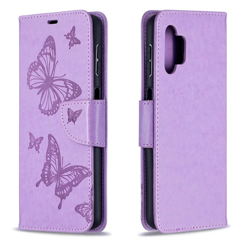 For Samsung Galaxy A32 5G / M32 5G Imprint Butterflies Wallet Stand Flip Leather Phone Shell - Purple