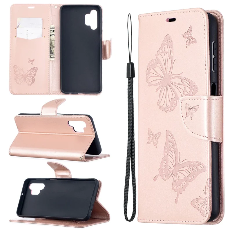 For Samsung Galaxy A32 5G / M32 5G Imprint Butterflies Wallet Stand Flip Leather Phone Shell - Rose Gold