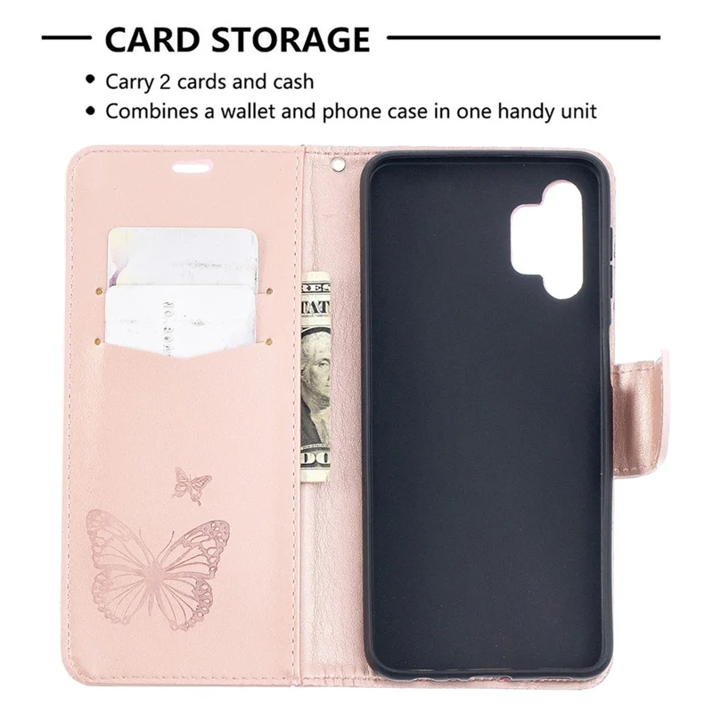 For Samsung Galaxy A32 5G / M32 5G Imprint Butterflies Wallet Stand Flip Leather Phone Shell - Rose Gold