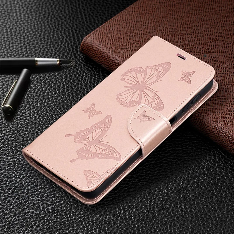 For Samsung Galaxy A32 5G / M32 5G Imprint Butterflies Wallet Stand Flip Leather Phone Shell - Rose Gold