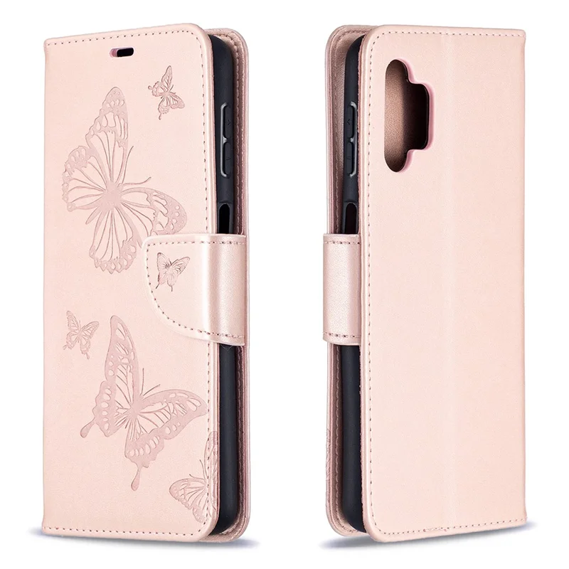 For Samsung Galaxy A32 5G / M32 5G Imprint Butterflies Wallet Stand Flip Leather Phone Shell - Rose Gold