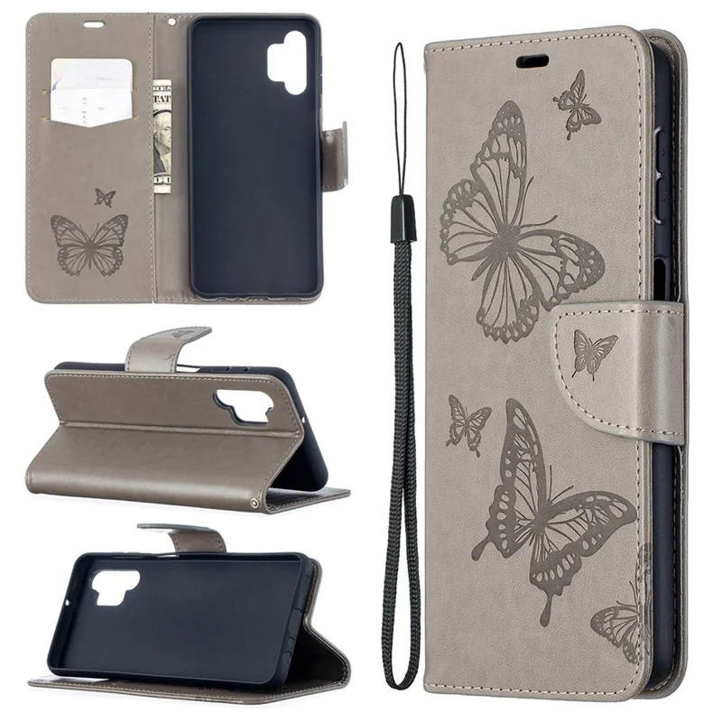 For Samsung Galaxy A32 5G / M32 5G Imprint Butterflies Wallet Stand Flip Leather Phone Shell - Grey