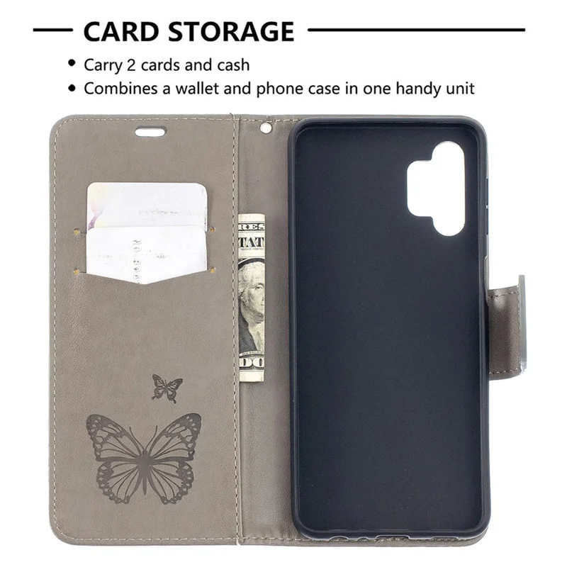 For Samsung Galaxy A32 5G / M32 5G Imprint Butterflies Wallet Stand Flip Leather Phone Shell - Grey
