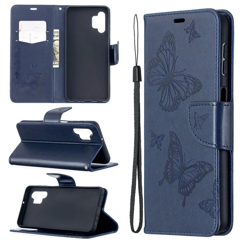 For Samsung Galaxy A32 5G / M32 5G Imprint Butterflies Wallet Stand Flip Leather Phone Shell - Dark Blue