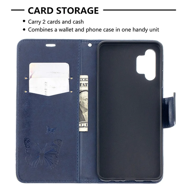 For Samsung Galaxy A32 5G / M32 5G Imprint Butterflies Wallet Stand Flip Leather Phone Shell - Dark Blue
