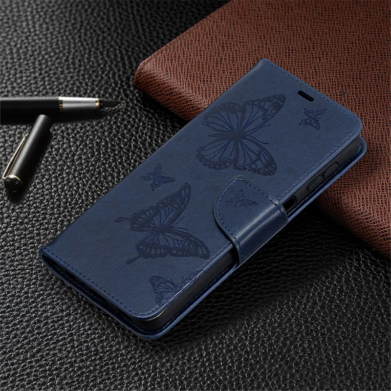 For Samsung Galaxy A32 5G / M32 5G Imprint Butterflies Wallet Stand Flip Leather Phone Shell - Dark Blue