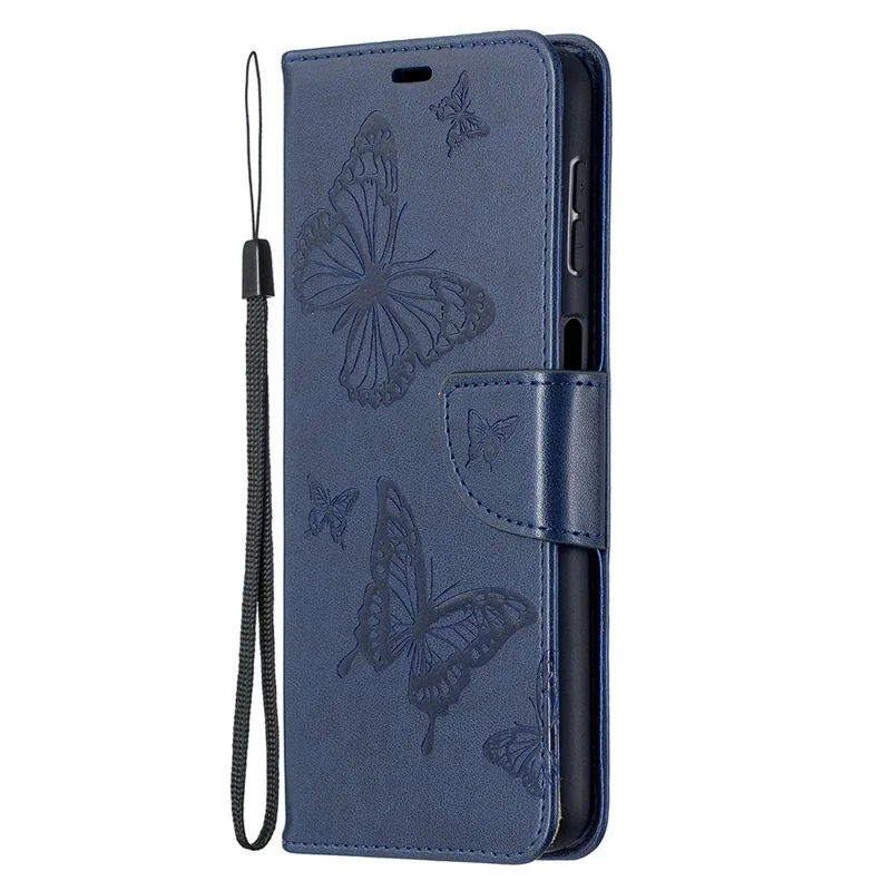 For Samsung Galaxy A32 5G / M32 5G Imprint Butterflies Wallet Stand Flip Leather Phone Shell - Dark Blue