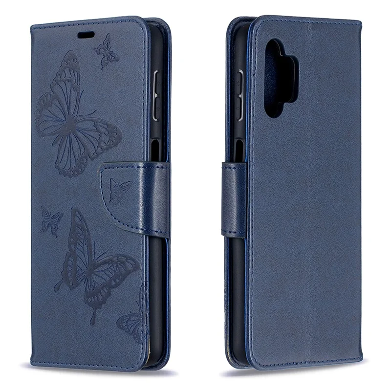 For Samsung Galaxy A32 5G / M32 5G Imprint Butterflies Wallet Stand Flip Leather Phone Shell - Dark Blue