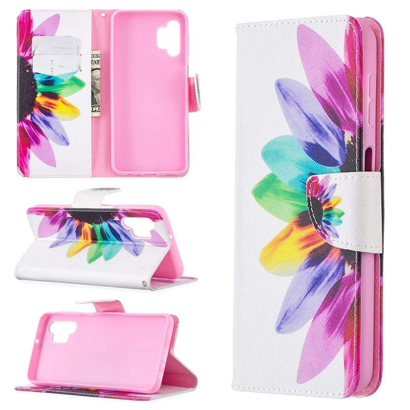 Pattern Printing Magnetic Leather Stand Wallet Stylish Case for Galaxy A32 5G / M32 5G - Sunflower