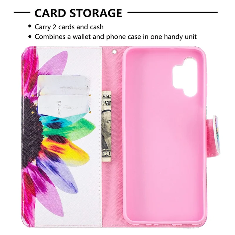 Pattern Printing Magnetic Leather Stand Wallet Stylish Case for Galaxy A32 5G / M32 5G - Sunflower
