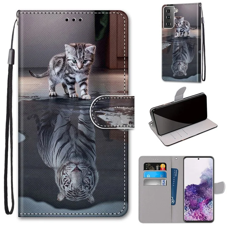 Brieftaschenstandgehäuse Für Samsung Galaxy S21+ 5G Anti-drop-musterdruckschale - Katze Und Tiger