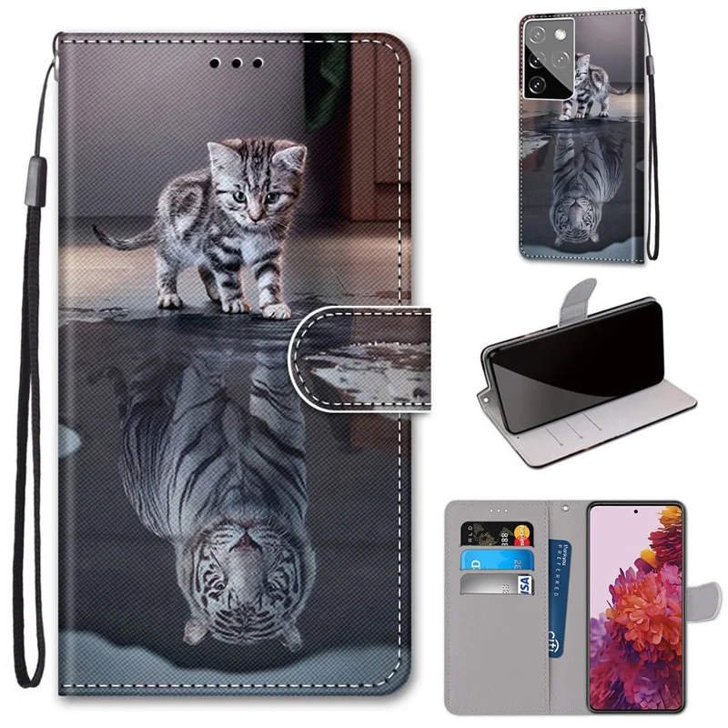 Wallet Stand Design Pattern Printing Leather Phone Cover for Samsung Galaxy S21 Ultra 5G - Cat and Tiger