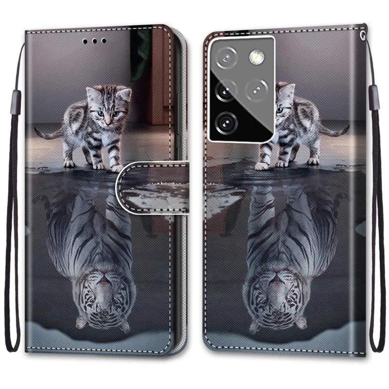 Wallet Stand Design Pattern Printing Leather Phone Cover for Samsung Galaxy S21 Ultra 5G - Cat and Tiger
