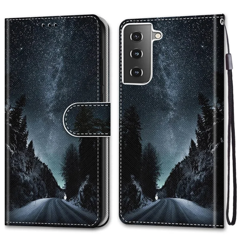 For Samsung Galaxy S21 4G/5G PU Leather Magnetic Cover Stand Flip Wallet Phone Case - Road and Starry Night