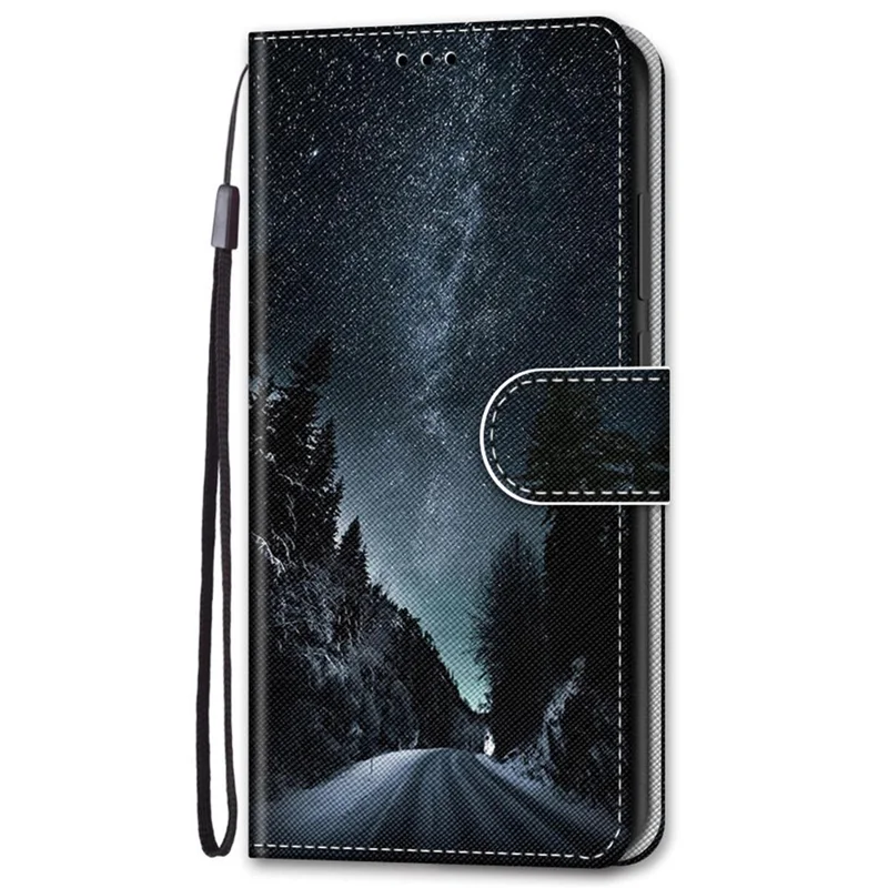 For Samsung Galaxy S21 4G/5G PU Leather Magnetic Cover Stand Flip Wallet Phone Case - Road and Starry Night