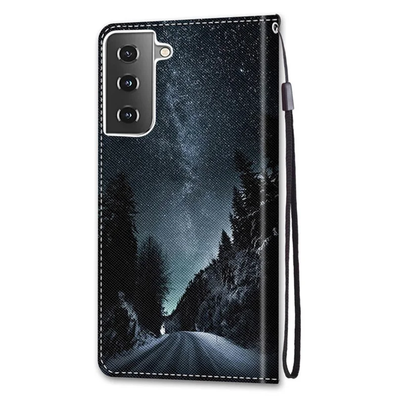For Samsung Galaxy S21 4G/5G PU Leather Magnetic Cover Stand Flip Wallet Phone Case - Road and Starry Night