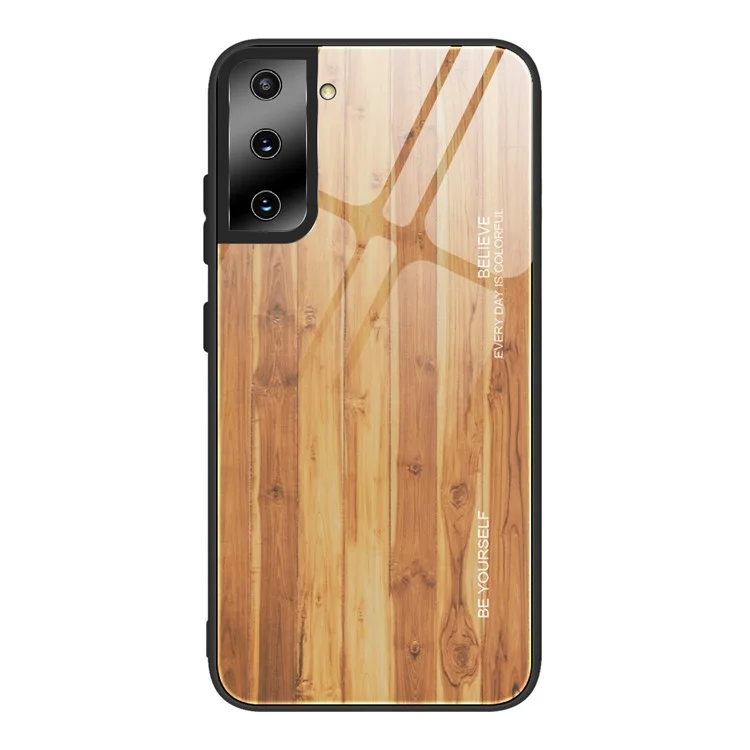 TPU Frame Wooden Texture Pattern Printing Tempered Glass Phone Cover Case for Samsung Galaxy S21 Plus 5G - Brown