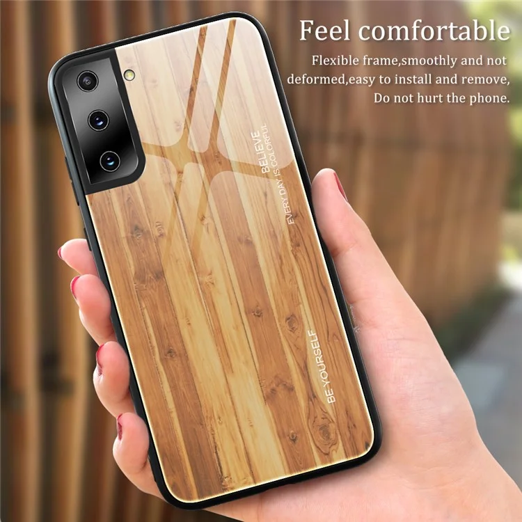 TPU Frame Wooden Texture Pattern Printing Tempered Glass Phone Cover Case for Samsung Galaxy S21 Plus 5G - Brown