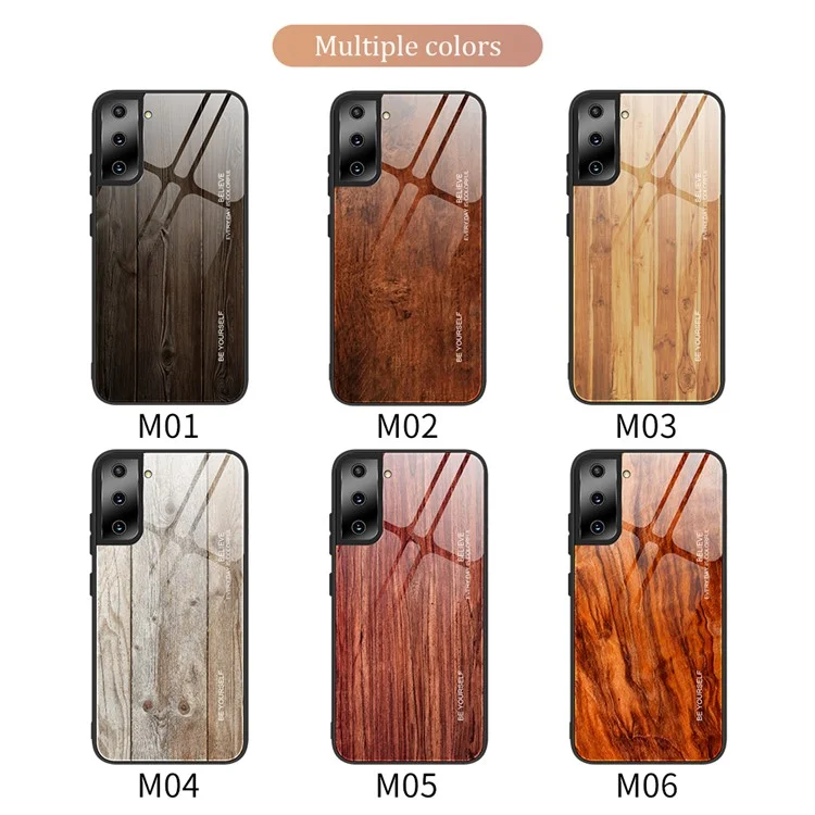 TPU Frame Wooden Texture Pattern Printing Tempered Glass Phone Cover Case for Samsung Galaxy S21 Plus 5G - Brown