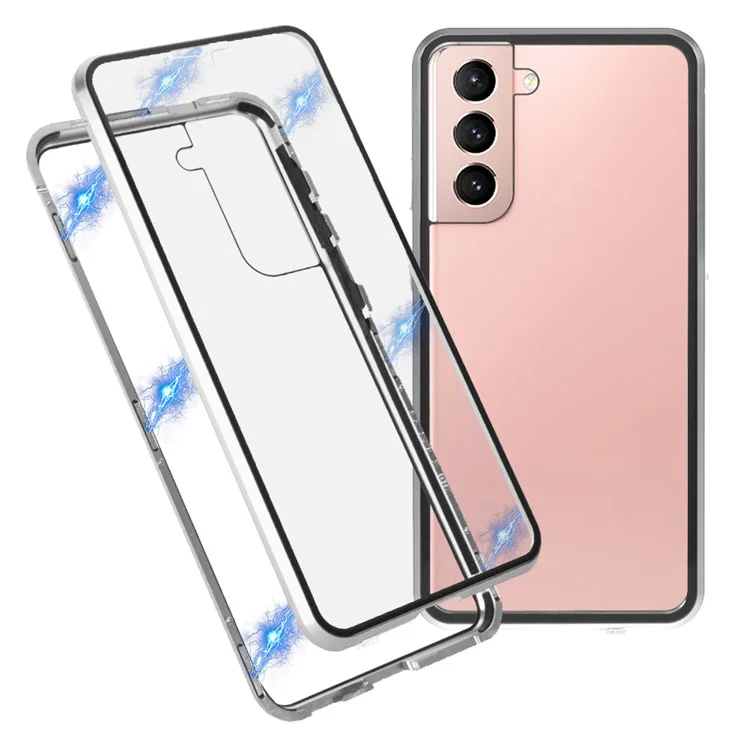 Metal Frame Magnetic + Instalação de Trava Com Caixa de Vidro Temperado Com Duplo Lado (sem Função de Impressão Digital, Mas Com Função de Reconhecimento de Rosto) Para Samsung Galaxy S21 4G/5G- Silver