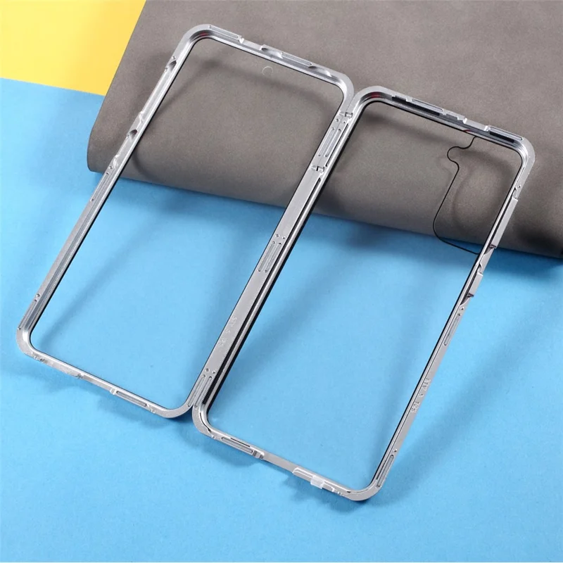 Metal Frame with Double Side Tempered Glass Case (No Fingerprint Function but with Face Recognition Function) by Magnetic + Lock Installation for Samsung Galaxy S21+ 5G - Silver
