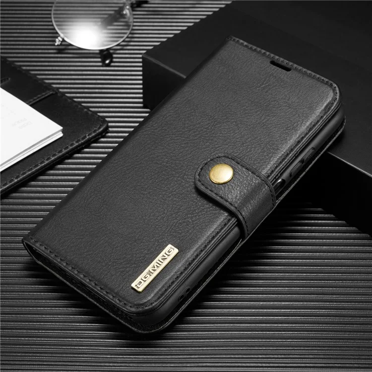 DG.MING Für Samsung Galaxy A42 5G Brieftasche Anti-Kratzer Spaltleder-Cover Abnehmbares 2-in-1 PC Rückengehäuse - Schwarz