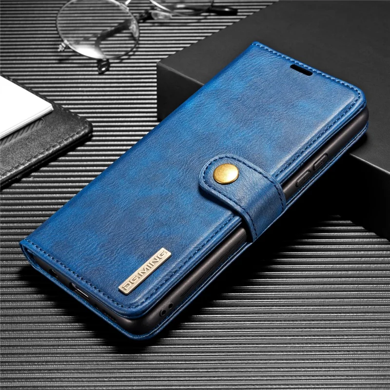 DG.MING Wallet Anti-scratch Split Leather Cover Detachable 2-in-1 PC Back Case for Samsung Galaxy A42 5G - Blue
