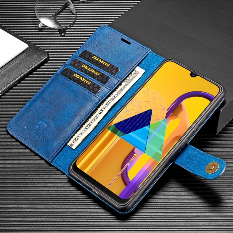 DG.MING Wallet Anti-scratch Split Leather Cover Detachable 2-in-1 PC Back Case for Samsung Galaxy A42 5G - Blue