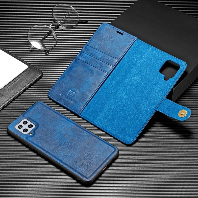 DG.MING Wallet Anti-scratch Split Leather Cover Detachable 2-in-1 PC Back Case for Samsung Galaxy A42 5G - Blue