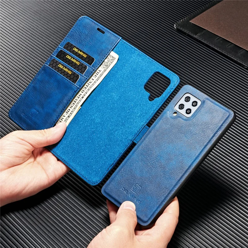 DG.MING Wallet Anti-scratch Split Leather Cover Detachable 2-in-1 PC Back Case for Samsung Galaxy A42 5G - Blue