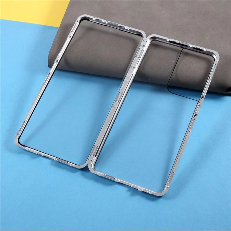 Magnetic Metal Frame Lock Installation with Double Side Tempered Glass Case (no Fingerprint Function but with Face Recognition Function) for Samsung Galaxy S21 Ultra 5G - Silver