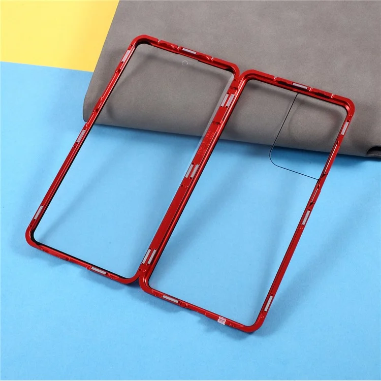 Magnetic Metal Frame Lock Installation with Double Side Tempered Glass Case (no Fingerprint Function but with Face Recognition Function) for Samsung Galaxy S21 Ultra 5G - Red