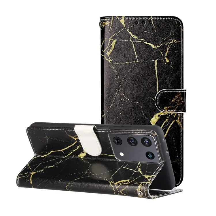 Glossy Pattern Printing Leather Protection Cover for Samsung Galaxy S21 Ultra 5G - Black Marble