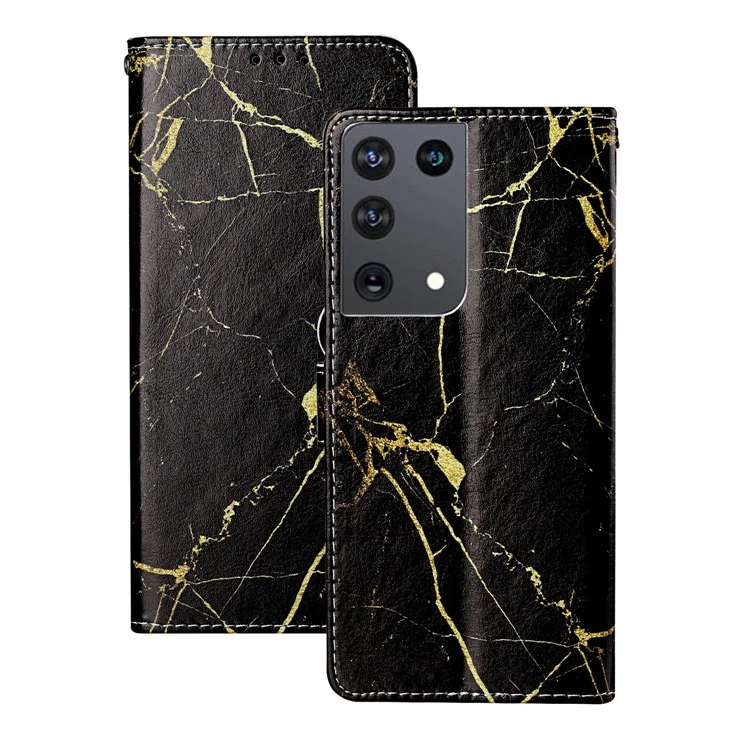 Glossy Pattern Printing Leather Protection Cover for Samsung Galaxy S21 Ultra 5G - Black Marble